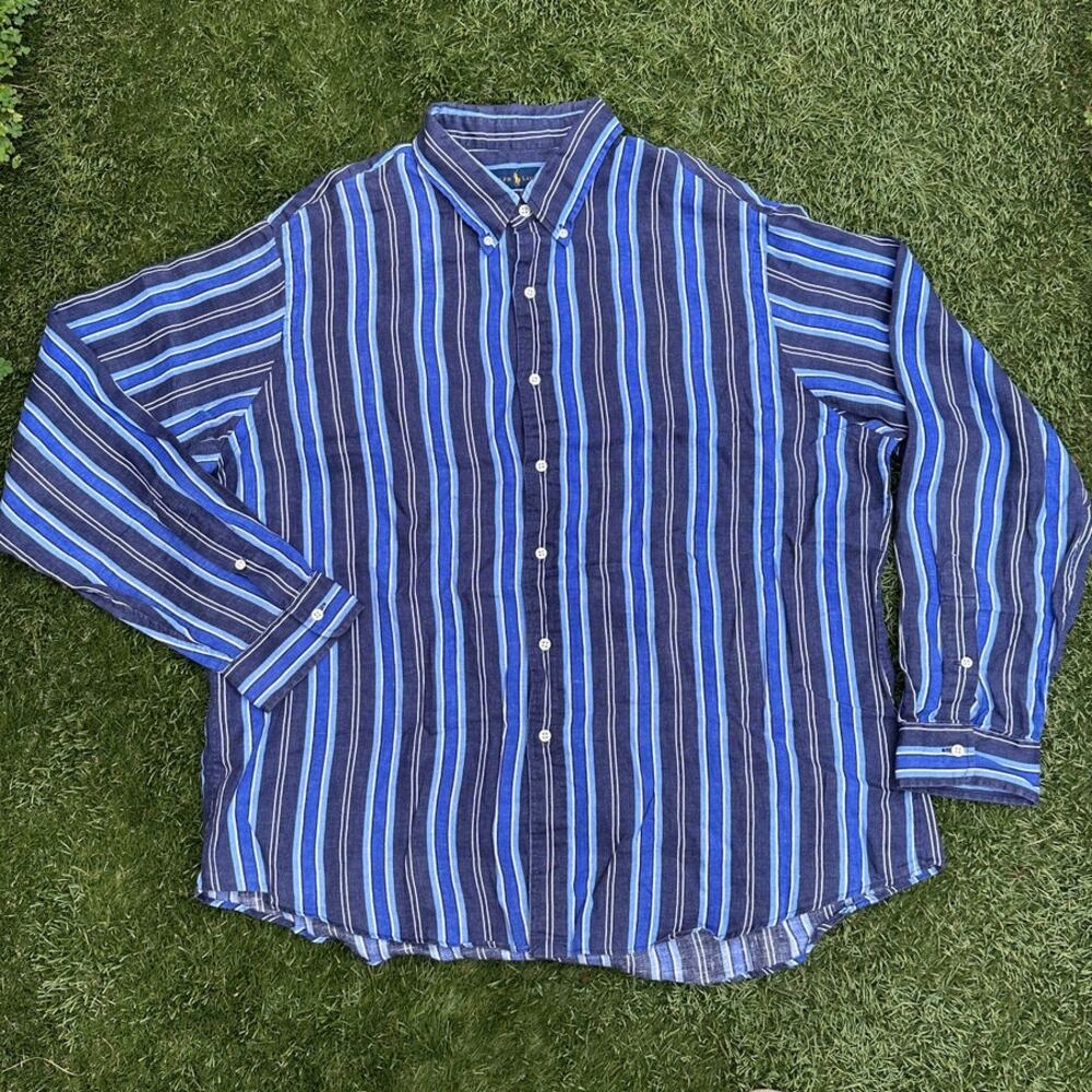 Ralph Lauren 100% Linen Blue Striped Button Down Long Sleeve Collared Shirt XXL - Picture 2 of 9
